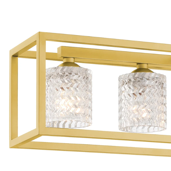 Modern brass gold rectangular chandelier with rippled glass crystal shades and adjustable height for kitchen islands or dining rooms