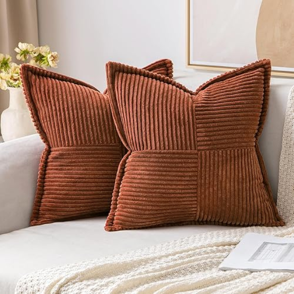 Brown corduroy pillow cover with geometric striped pattern, modern design, eco-friendly, 45x45 cm, machine washable