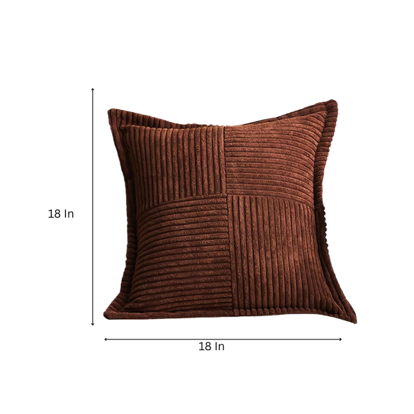 Brown corduroy pillow cover with geometric striped pattern, modern design, eco-friendly, 45x45 cm, machine washable