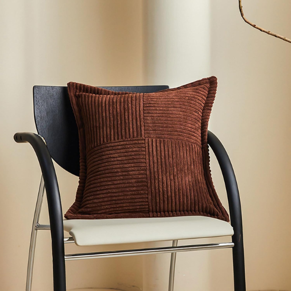 Brown corduroy pillow cover with geometric striped pattern, modern design, eco-friendly, 45x45 cm, machine washable