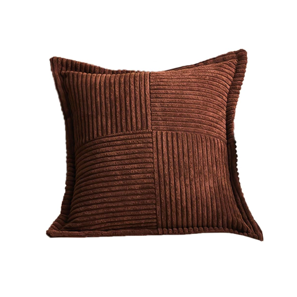 Brown corduroy pillow cover with geometric striped pattern, modern design, eco-friendly, 45x45 cm, machine washable