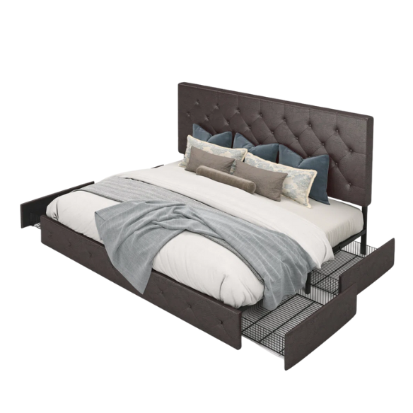 Brown faux leather queen bed with diamond-tufted headboard and four underbed storage drawers on wheels.
