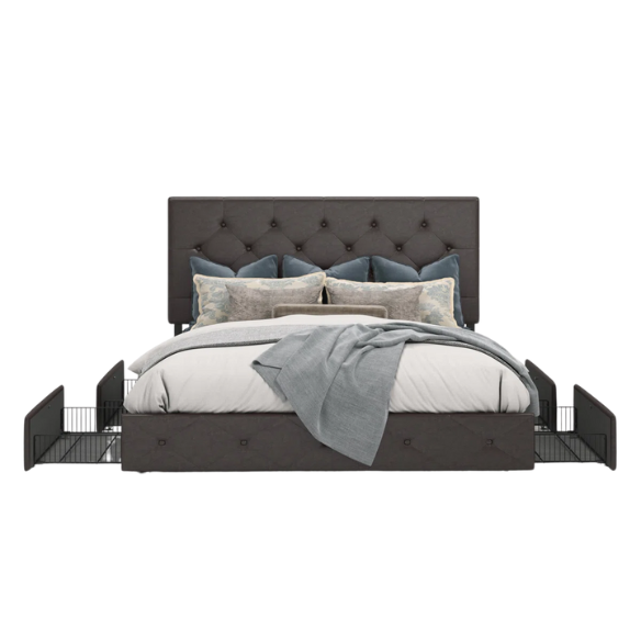 Brown faux leather queen bed with diamond-tufted headboard and four underbed storage drawers on wheels.