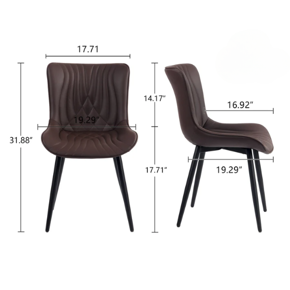 Set of 2 brown faux leather dining chairs with fishtail tufted backs and black metal legs, ideal for modern or rustic dining spaces.