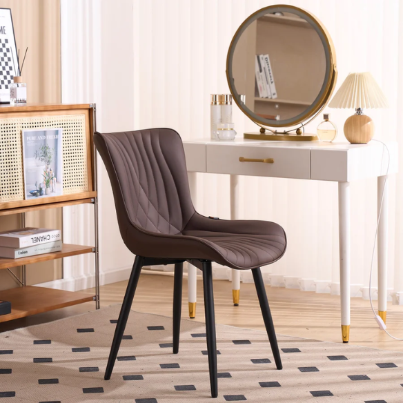 Set of 2 brown faux leather dining chairs with fishtail tufted backs and black metal legs, ideal for modern or rustic dining spaces.