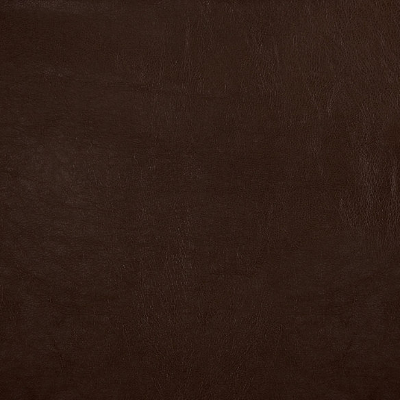 Brown faux leather Parsons chair with scrolled back, antique bronze nailhead trim, and solid wood legs