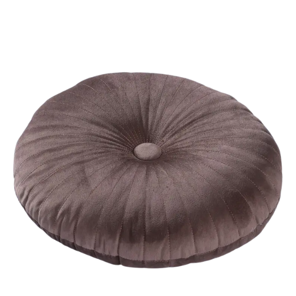Brown Velvet Round Throw Pillow with Button Detail - Soft Plush Cushion for Sofa or Home Décor (13.78” x 13.78”)