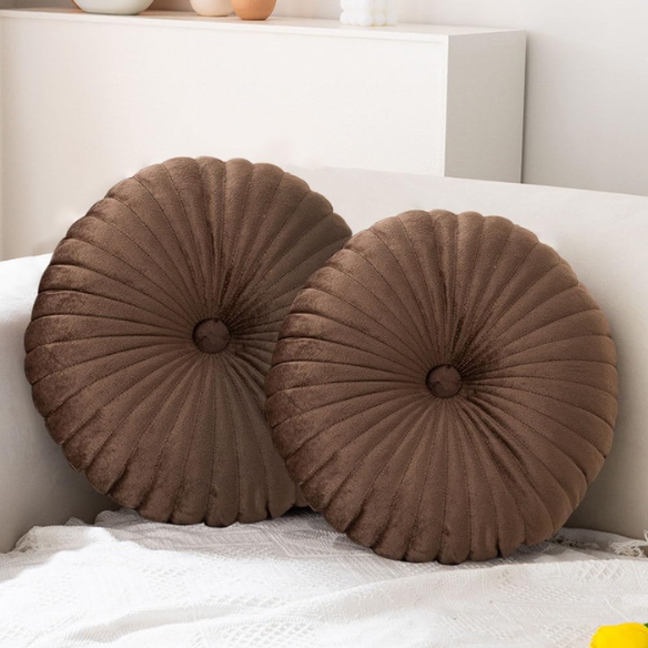 Brown Velvet Round Throw Pillow with Button Detail - Soft Plush Cushion for Sofa or Home Décor (13.78” x 13.78”)