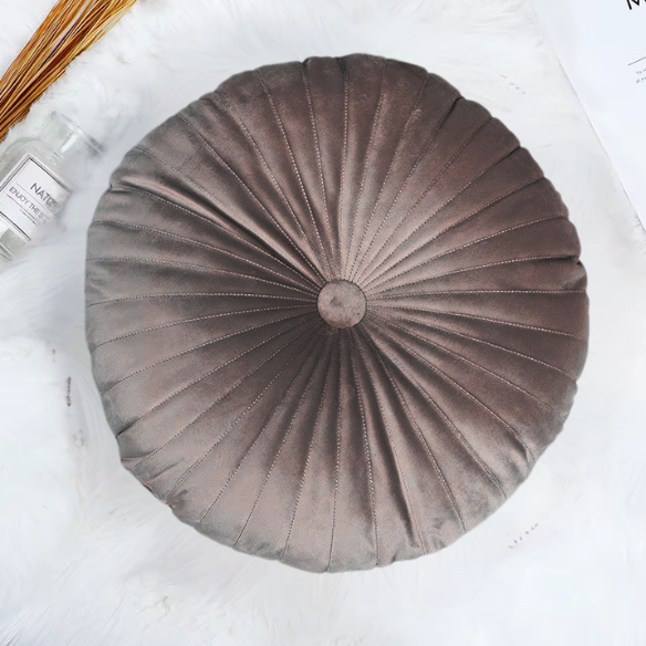 Brown Velvet Round Throw Pillow with Button Detail - Soft Plush Cushion for Sofa or Home Décor (13.78” x 13.78”)