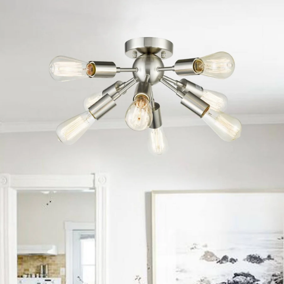 Brushed nickel 8-light Sputnik chandelier with exposed E26 bulbs and flush mount design, ideal for mid-century, Art Deco, and modern interiors
