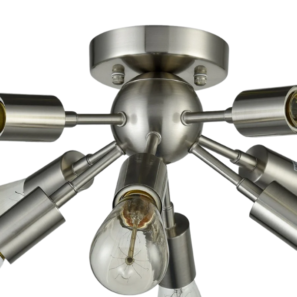 Brushed nickel 8-light Sputnik chandelier with exposed E26 bulbs and flush mount design, ideal for mid-century, Art Deco, and modern interiors