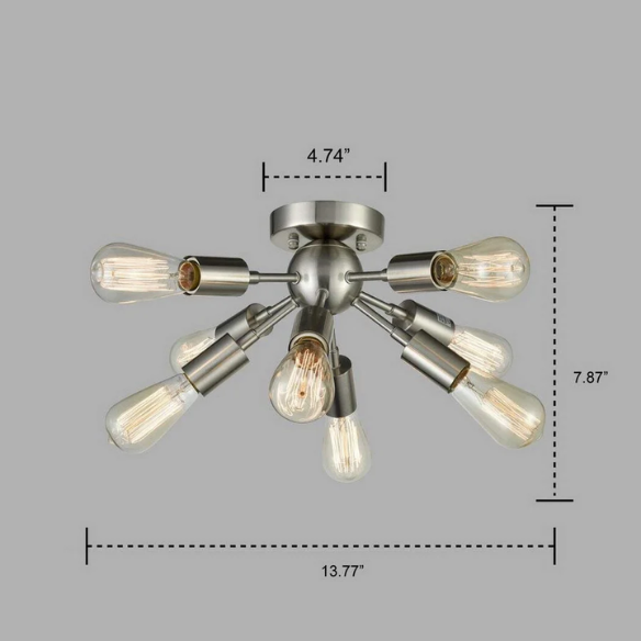 Brushed nickel 8-light Sputnik chandelier with exposed E26 bulbs and flush mount design, ideal for mid-century, Art Deco, and modern interiors