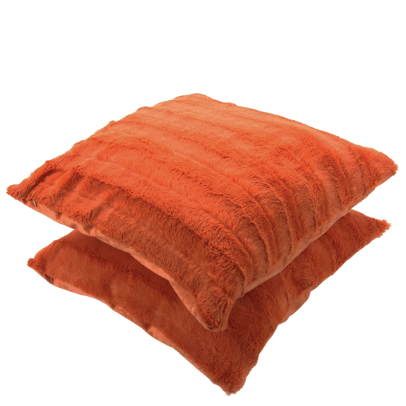 Set of two burnt orange faux fur throw pillows, 18x18 inches, square plush decorative cushions with microfiber fill—perfect for adding warmth and color to sofas, beds, and cozy spaces