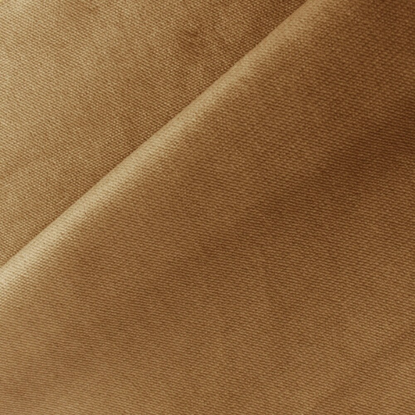 Camel king-size upholstered bed in velvet fabric with wingback headboard and low-profile black metal legs.