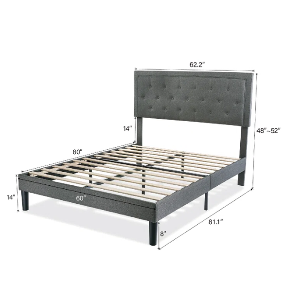 Charcoal grey upholstered queen bed with button-tufted adjustable linen headboard, 8-inch underbed clearance, and sturdy platform frame.