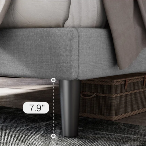 Charcoal grey upholstered queen bed with button-tufted adjustable linen headboard, 8-inch underbed clearance, and sturdy platform frame.