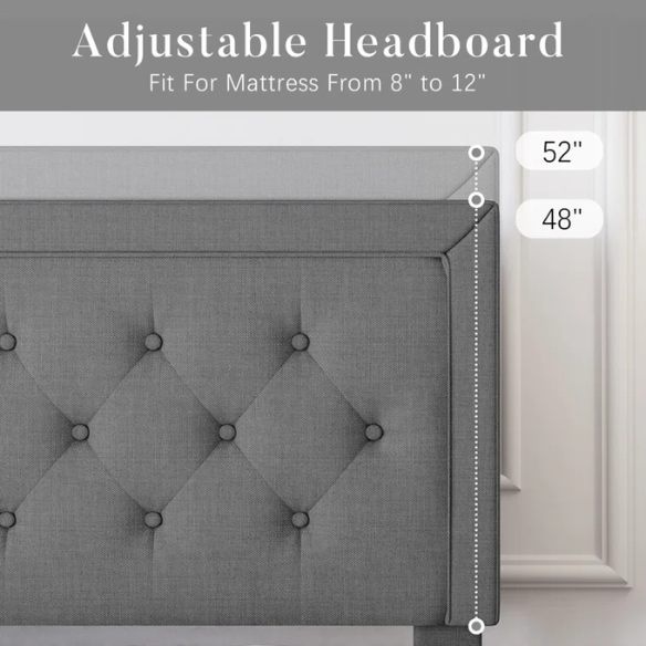 Charcoal grey upholstered queen bed with button-tufted adjustable linen headboard, 8-inch underbed clearance, and sturdy platform frame.