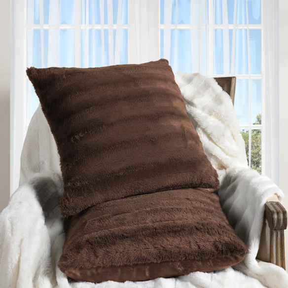 Set of two chocolate brown faux fur throw pillows, 18x18 inches, square decorative cushions with soft microfiber filling—ideal for sofas, beds, and cozy reading corners