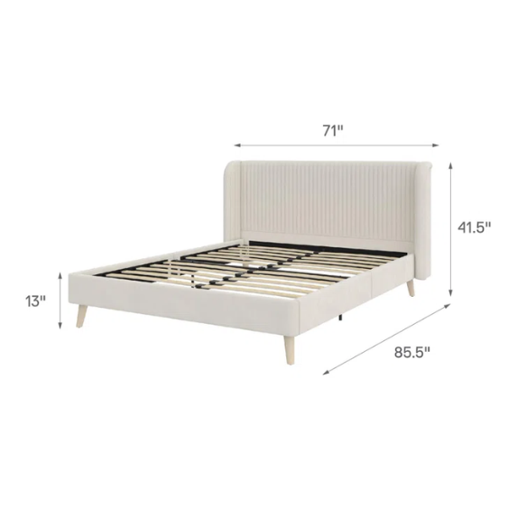 Light cream velvet upholstered queen platform bed with wingback tufted headboard and mid-century angled wood legs.