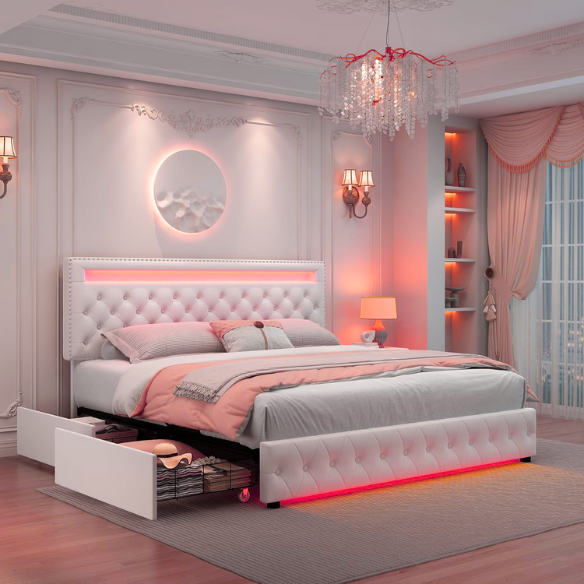Cream white velvet full size platform bed with adjustable LED tufted headboard, silver nailhead trim, and four underbed storage drawers on wheels