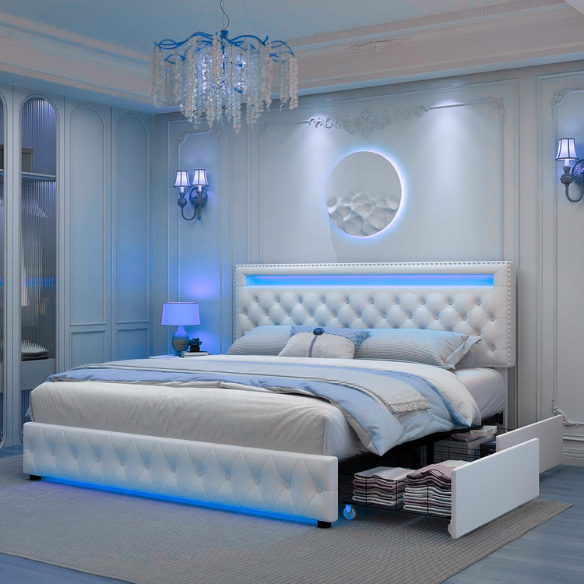 Cream white velvet full size platform bed with adjustable LED tufted headboard, silver nailhead trim, and four underbed storage drawers on wheels