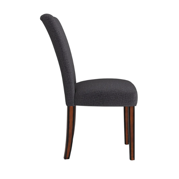 Set of 2 upholstered Parson dining chairs in dark charcoal grey fabric with espresso wood legs and high backs, ideal for formal and casual dining spaces.