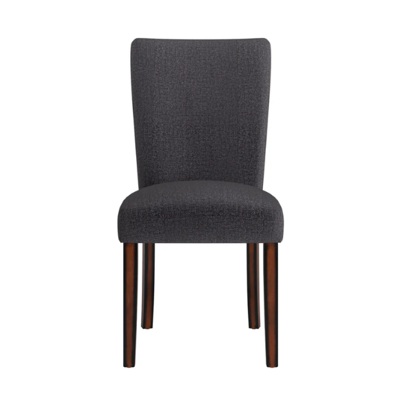 Set of 2 upholstered Parson dining chairs in dark charcoal grey fabric with espresso wood legs and high backs, ideal for formal and casual dining spaces.