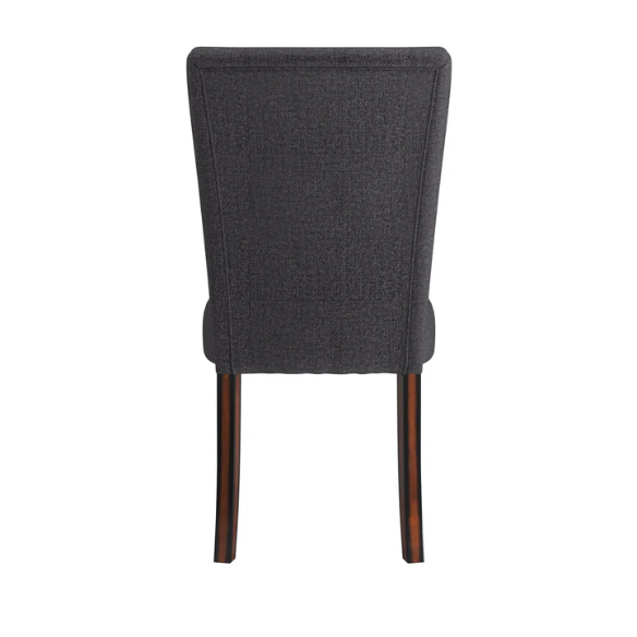Set of 2 upholstered Parson dining chairs in dark charcoal grey fabric with espresso wood legs and high backs, ideal for formal and casual dining spaces.
