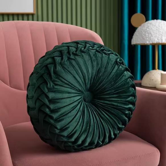 Dark Green Velvet Round Throw Pillow with Ribbed Edges – Soft Cotton Fill and Elegant Design
