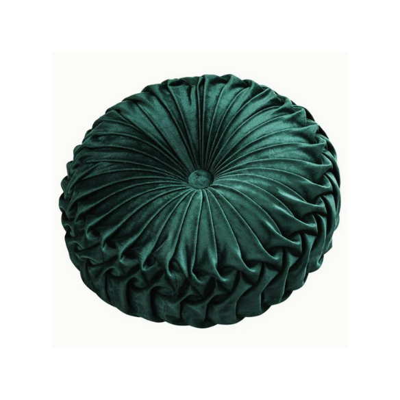 Dark Green Velvet Round Throw Pillow with Ribbed Edges – Soft Cotton Fill and Elegant Design