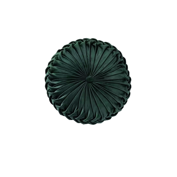 Dark Green Velvet Round Throw Pillow with Ribbed Edges – Soft Cotton Fill and Elegant Design