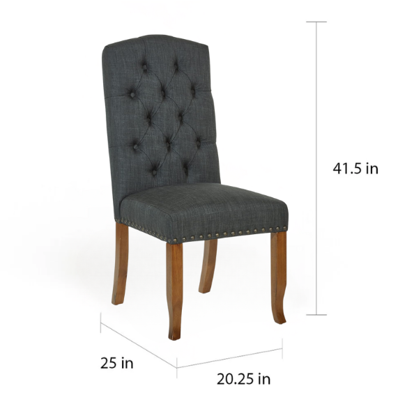 Set of 2 dark grey button-tufted farmhouse dining chairs with rustic wood legs, nailhead trim, and upholstered linen-like fabric.
