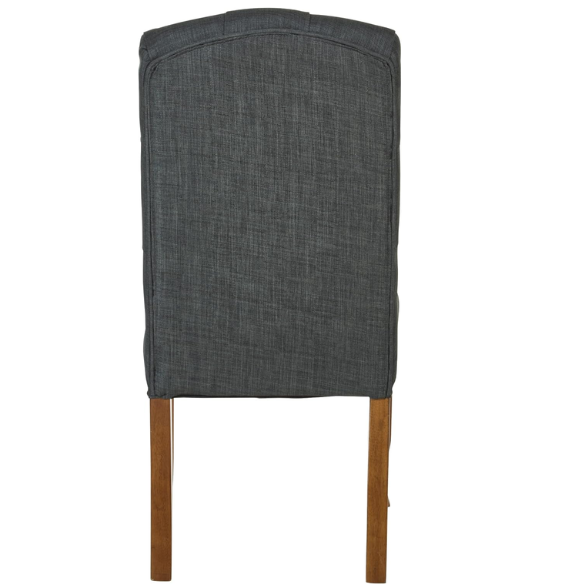 Set of 2 dark grey button-tufted farmhouse dining chairs with rustic wood legs, nailhead trim, and upholstered linen-like fabric.