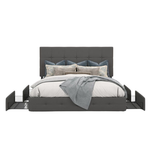 Dark grey polyester queen bed with square-tufted adjustable headboard and four underbed storage drawers.