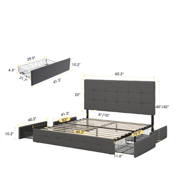 Dark grey polyester queen bed with square-tufted adjustable headboard and four underbed storage drawers.