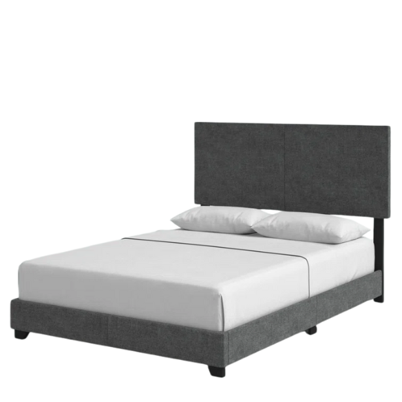 Modern dark grey upholstered bed frame with rectangular padded headboard, low-profile design, and solid wood construction – Full size.