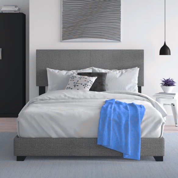 Modern dark grey upholstered bed frame with rectangular padded headboard, low-profile design, and solid wood construction – Full size.