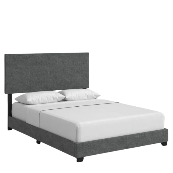 Modern dark grey upholstered bed frame with rectangular padded headboard, low-profile design, and solid wood construction – Full size.