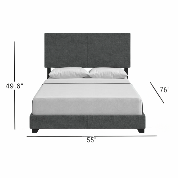Modern dark grey upholstered bed frame with rectangular padded headboard, low-profile design, and solid wood construction – Full size.