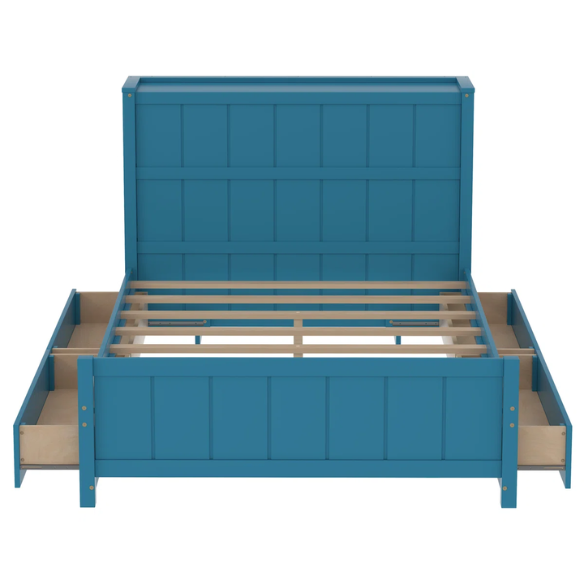 Dark teal full size platform bed with four underbed storage drawers, integrated headboard shelving, and solid wood slat support