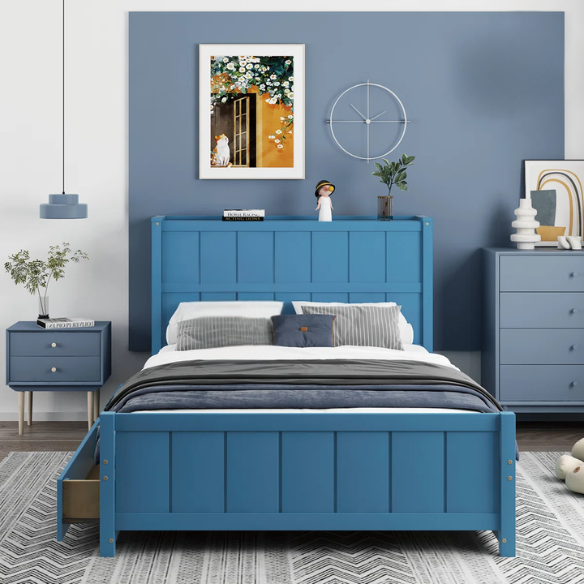 Dark teal full size platform bed with four underbed storage drawers, integrated headboard shelving, and solid wood slat support