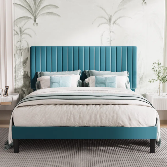 Dark turquoise queen size velvet upholstered bed with tufted headboard and low-profile wood frame.