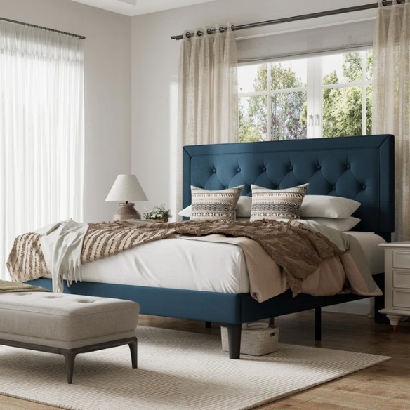Deep teal queen-size upholstered bed with linen fabric, button-tufted adjustable headboard, and 8-inch underbed clearance.