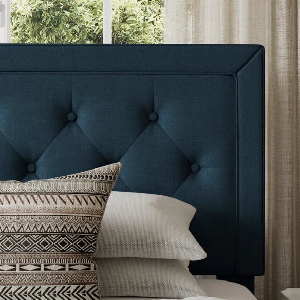 Deep teal queen-size upholstered bed with linen fabric, button-tufted adjustable headboard, and 8-inch underbed clearance.