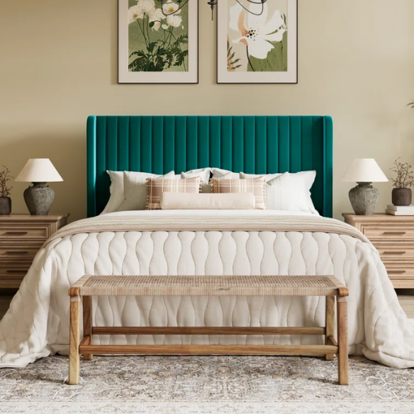 Deep teal velvet upholstered queen bed with tufted wingback headboard, 8-inch clearance, and a solid wood frame.