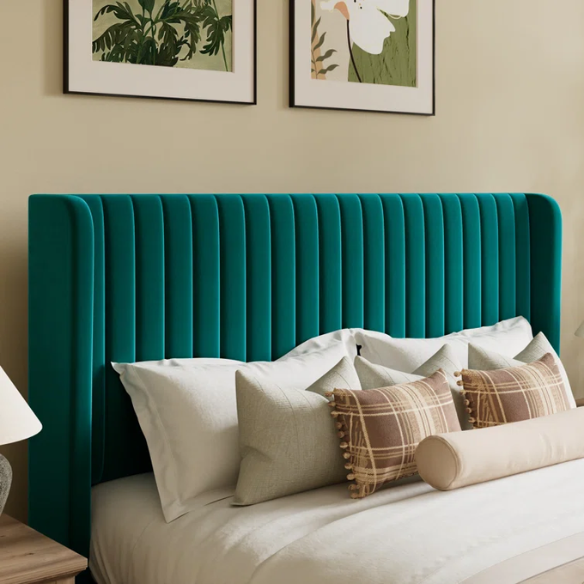 Deep teal velvet upholstered queen bed with tufted wingback headboard, 8-inch clearance, and a solid wood frame.