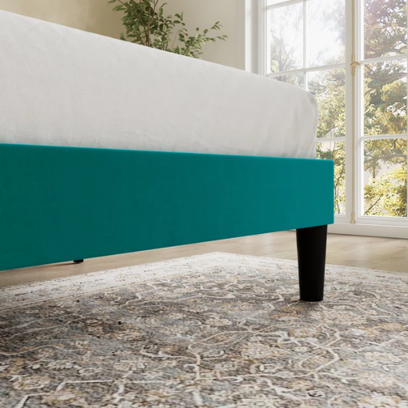 Deep teal velvet upholstered queen bed with tufted wingback headboard, 8-inch clearance, and a solid wood frame.
