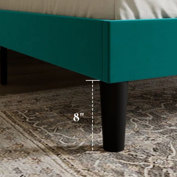 Deep teal velvet upholstered queen bed with tufted wingback headboard, 8-inch clearance, and a solid wood frame.