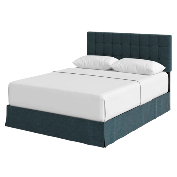 Denim blue upholstered queen bed with tufted wingback headboard and nailhead trim on wood and metal frame.