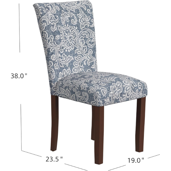 Set of two Parsons dining chairs with denim blue and white floral upholstery, high back design, scalloped seat front, and wood legs